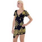 Maya Style Gold Linear Totem Icons Short Sleeve Asymmetric Mini Dress