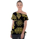 Maya Style Gold Linear Totem Icons Off Shoulder Tie-Up T-Shirt