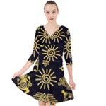 Maya Style Gold Linear Totem Icons Quarter Sleeve Front Wrap Dress