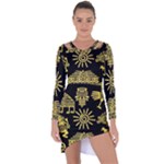 Maya Style Gold Linear Totem Icons Asymmetric Cut-Out Shift Dress