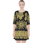 Maya Style Gold Linear Totem Icons Quarter Sleeve Pocket Dress