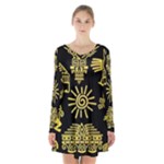 Maya Style Gold Linear Totem Icons Long Sleeve Velvet V-neck Dress