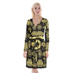 Maya Style Gold Linear Totem Icons Long Sleeve Velvet Front Wrap Dress