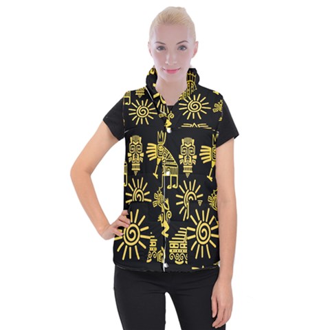 Maya Style Gold Linear Totem Icons Women s Button Up Vest from ArtsNow.com