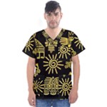 Maya Style Gold Linear Totem Icons Men s V-Neck Scrub Top