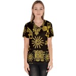 Maya Style Gold Linear Totem Icons Women s V-Neck Scrub Top
