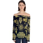 Maya Style Gold Linear Totem Icons Off Shoulder Long Sleeve Top