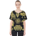 Maya Style Gold Linear Totem Icons V-Neck Dolman Drape Top