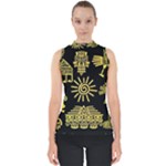 Maya Style Gold Linear Totem Icons Mock Neck Shell Top