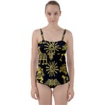 Maya Style Gold Linear Totem Icons Twist Front Tankini Set