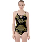 Maya Style Gold Linear Totem Icons Cut Out Top Tankini Set