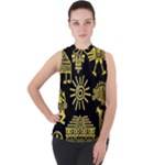 Maya Style Gold Linear Totem Icons Mock Neck Chiffon Sleeveless Top