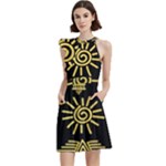 Maya Style Gold Linear Totem Icons Cocktail Party Halter Sleeveless Dress With Pockets