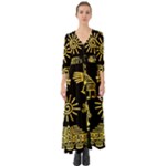 Maya Style Gold Linear Totem Icons Button Up Boho Maxi Dress