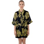 Maya Style Gold Linear Totem Icons Half Sleeve Satin Kimono 