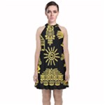 Maya Style Gold Linear Totem Icons Velvet Halter Neckline Dress 