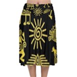 Maya Style Gold Linear Totem Icons Velvet Flared Midi Skirt