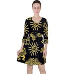 Maya Style Gold Linear Totem Icons Quarter Sleeve Ruffle Waist Dress