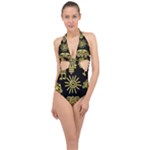 Maya Style Gold Linear Totem Icons Halter Front Plunge Swimsuit