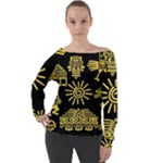 Maya Style Gold Linear Totem Icons Off Shoulder Long Sleeve Velour Top