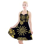 Maya Style Gold Linear Totem Icons Halter Party Swing Dress 