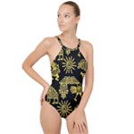 Maya Style Gold Linear Totem Icons High Neck One Piece Swimsuit