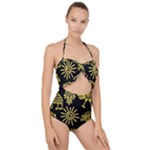 Maya Style Gold Linear Totem Icons Scallop Top Cut Out Swimsuit