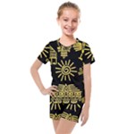 Maya Style Gold Linear Totem Icons Kids  Mesh T-Shirt and Shorts Set