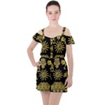 Maya Style Gold Linear Totem Icons Ruffle Cut Out Chiffon Playsuit