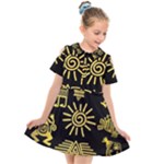 Maya Style Gold Linear Totem Icons Kids  Short Sleeve Shirt Dress