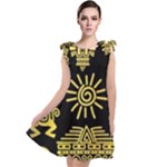 Maya Style Gold Linear Totem Icons Tie Up Tunic Dress