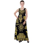 Maya Style Gold Linear Totem Icons Empire Waist Velour Maxi Dress