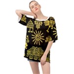 Maya Style Gold Linear Totem Icons Oversized Chiffon Top