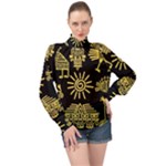 Maya Style Gold Linear Totem Icons High Neck Long Sleeve Chiffon Top