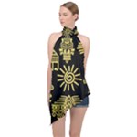 Maya Style Gold Linear Totem Icons Halter Asymmetric Satin Top