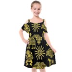 Maya Style Gold Linear Totem Icons Kids  Cut Out Shoulders Chiffon Dress