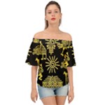 Maya Style Gold Linear Totem Icons Off Shoulder Short Sleeve Top