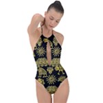 Maya Style Gold Linear Totem Icons Plunge Cut Halter Swimsuit