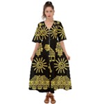Maya Style Gold Linear Totem Icons Kimono Sleeve Boho Dress