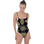 Maya Style Gold Linear Totem Icons Tie Strap One Piece Swimsuit