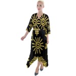 Maya Style Gold Linear Totem Icons Quarter Sleeve Wrap Front Maxi Dress