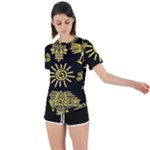 Maya Style Gold Linear Totem Icons Asymmetrical Short Sleeve Sports T-Shirt