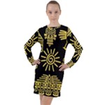Maya Style Gold Linear Totem Icons Long Sleeve Hoodie Dress