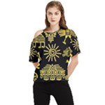 Maya Style Gold Linear Totem Icons One Shoulder Cut Out T-Shirt