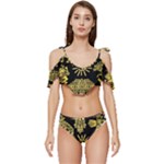 Maya Style Gold Linear Totem Icons Ruffle Edge Tie Up Bikini Set	