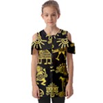 Maya Style Gold Linear Totem Icons Fold Over Open Sleeve Top