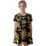 Maya Style Gold Linear Totem Icons Kids  Short Sleeve Pinafore Style Dress