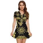 Maya Style Gold Linear Totem Icons V-Neck High Waist Chiffon Mini Dress