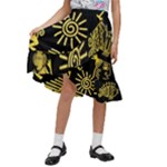 Maya Style Gold Linear Totem Icons Kids  Ruffle Flared Wrap Midi Skirt