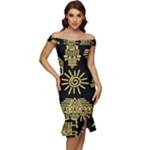 Maya Style Gold Linear Totem Icons Off Shoulder Ruffle Split Hem Bodycon Dress